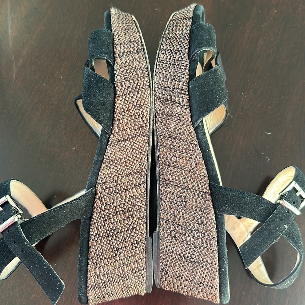 Aquatalia Platform Wedge Sandal Black Suede Woven Heel Sz 8 Quiet Luxury Classic - Picture 10 of 11